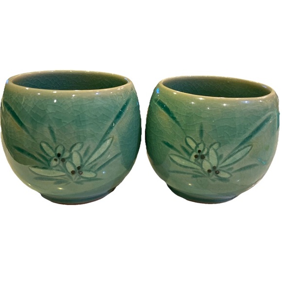Pair Of Vintage Green Korean Celadon Crackle Glaze Flower Leaf Twigs Tea Cups
